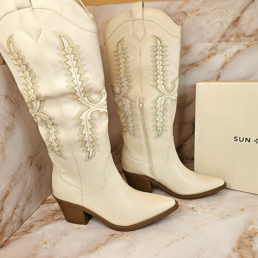 Sun + Stone Bodhiii Western Knee High Boots, Ecru Size 8.5, NEW